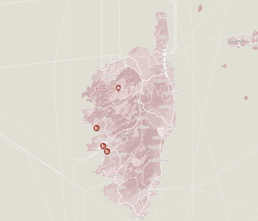 Carte répertoriant les différentes agences de géomètres expert en Corse